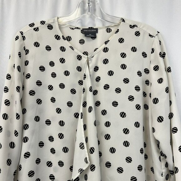 Van Heusen Key Hole 3/4 Sleeve Ruffle Blouse Ivory/Black Dotted Womens Medium - Picture 2 of 9